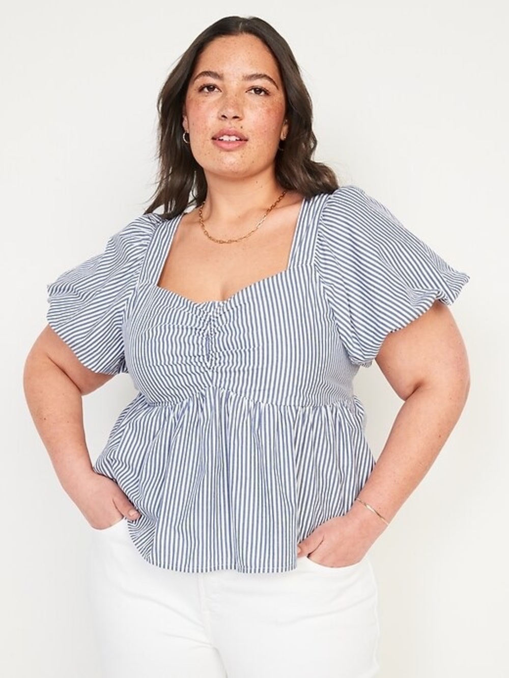 Old Navy Blue and White Striped Square-Neck Peplum Blouse